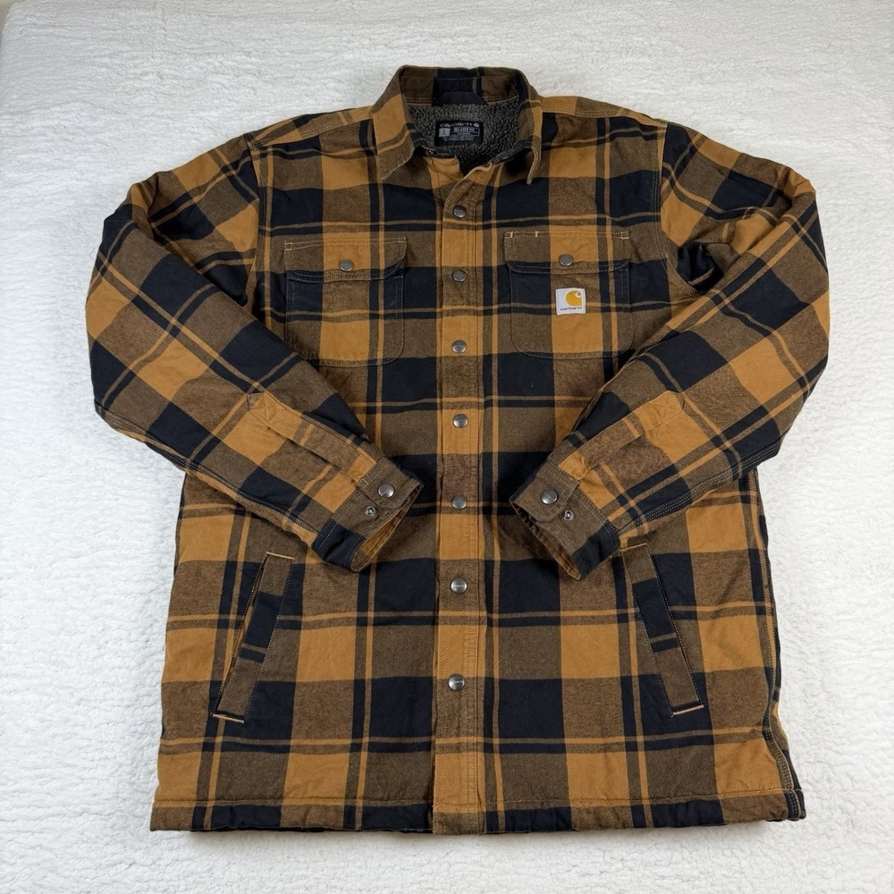 Carhartt Sherpa Lined Flannel Shirt Jac Mens Large Tall LT Brown Black Plaid